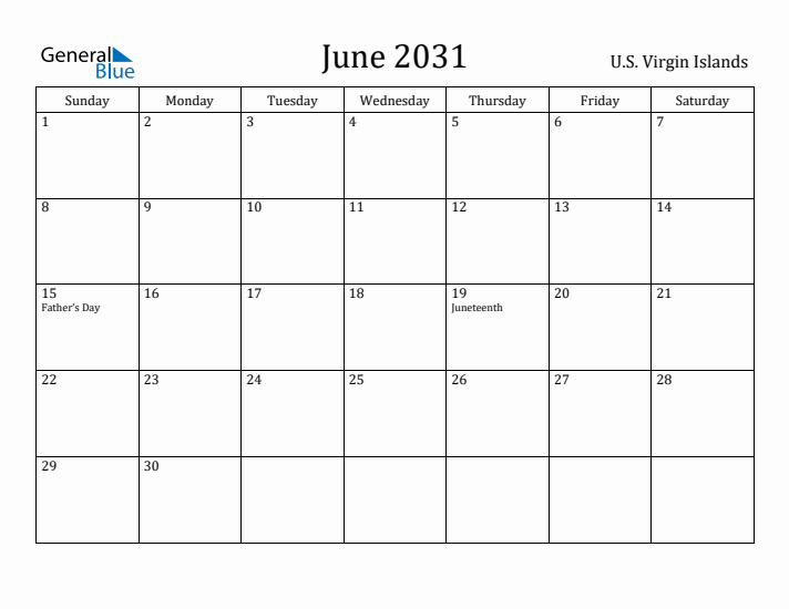 June 2031 Calendar U.S. Virgin Islands