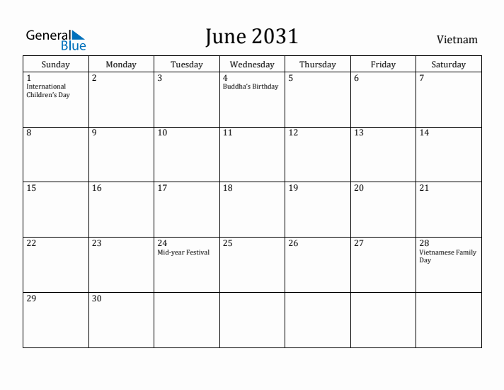 June 2031 Calendar Vietnam