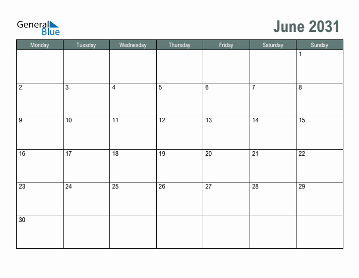 Free Printable June 2031 Calendar
