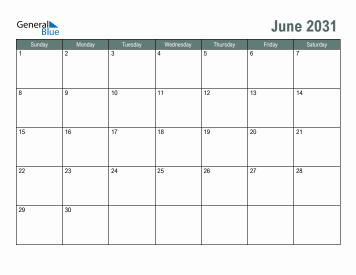 Free Printable June 2031 Calendar