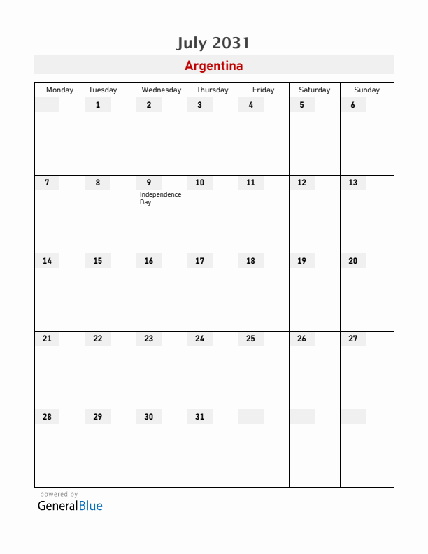Argentina July 2031 Calendar with Holidays