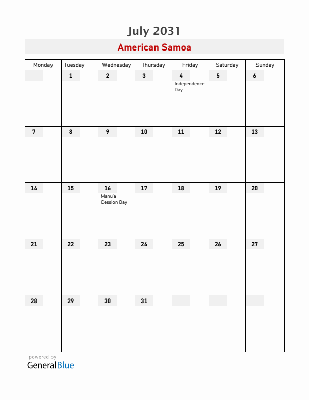 American Samoa July 2031 Calendar with Holidays