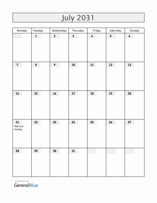 Belgium July 2031 Calendar with Holidays