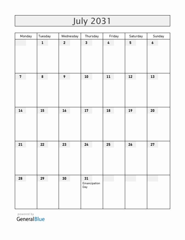 Bermuda July 2031 Calendar with Holidays