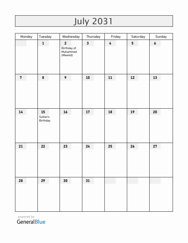 Brunei July 2031 Calendar with Holidays