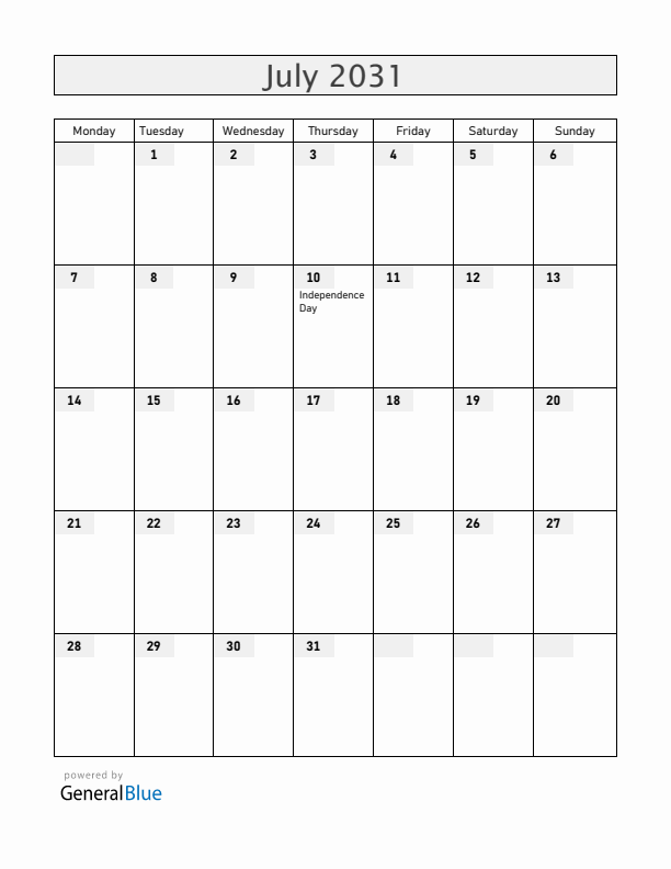 Bahamas July 2031 Calendar with Holidays