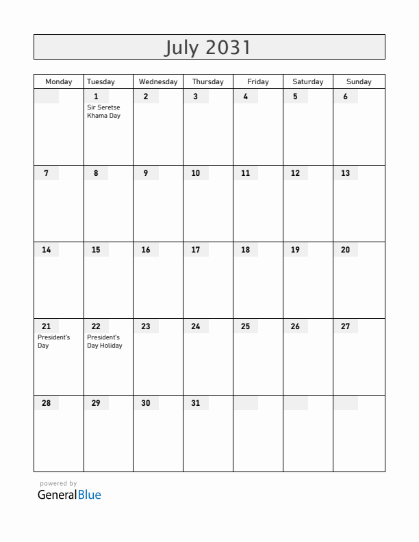 Botswana July 2031 Calendar with Holidays