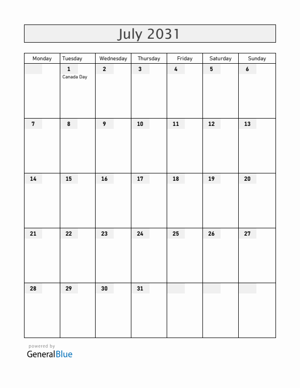 Canada July 2031 Calendar with Holidays