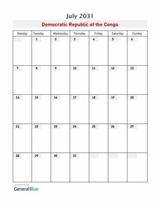 Democratic Republic of the Congo July 2031 Calendar with Holidays