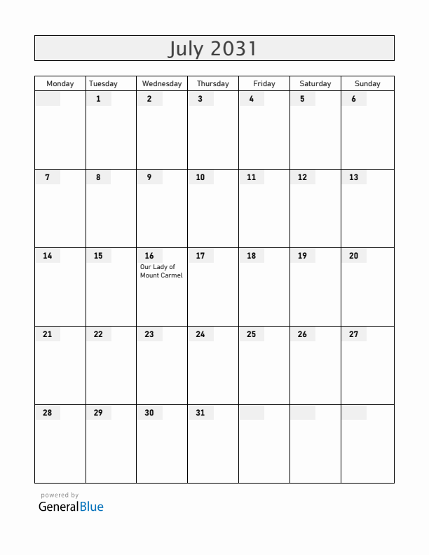 Chile July 2031 Calendar with Holidays