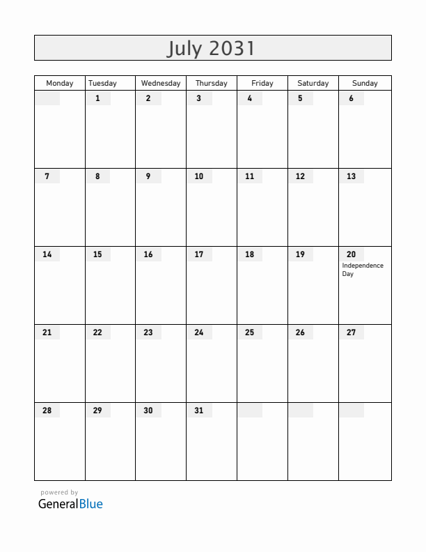 Colombia July 2031 Calendar with Holidays