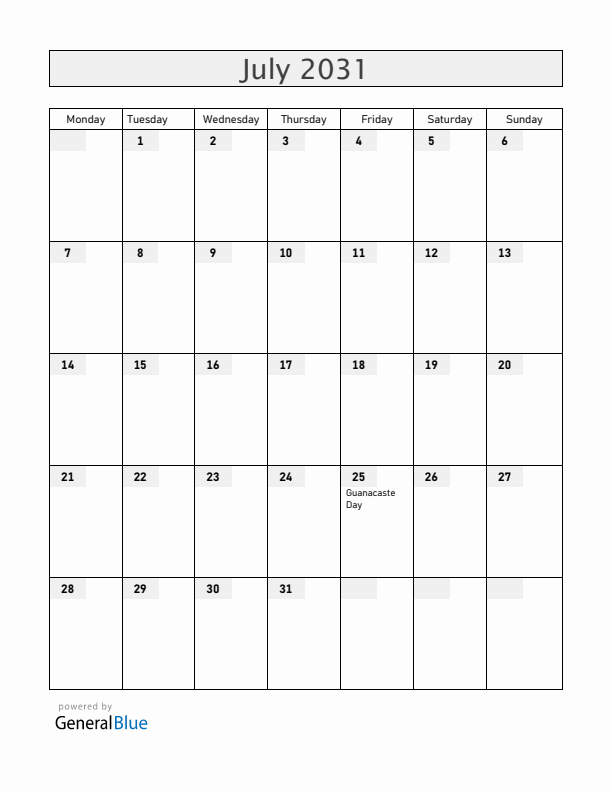 Costa Rica July 2031 Calendar with Holidays