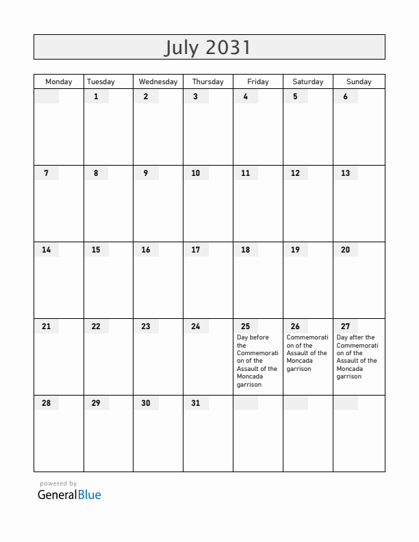 Cuba July 2031 Calendar with Holidays
