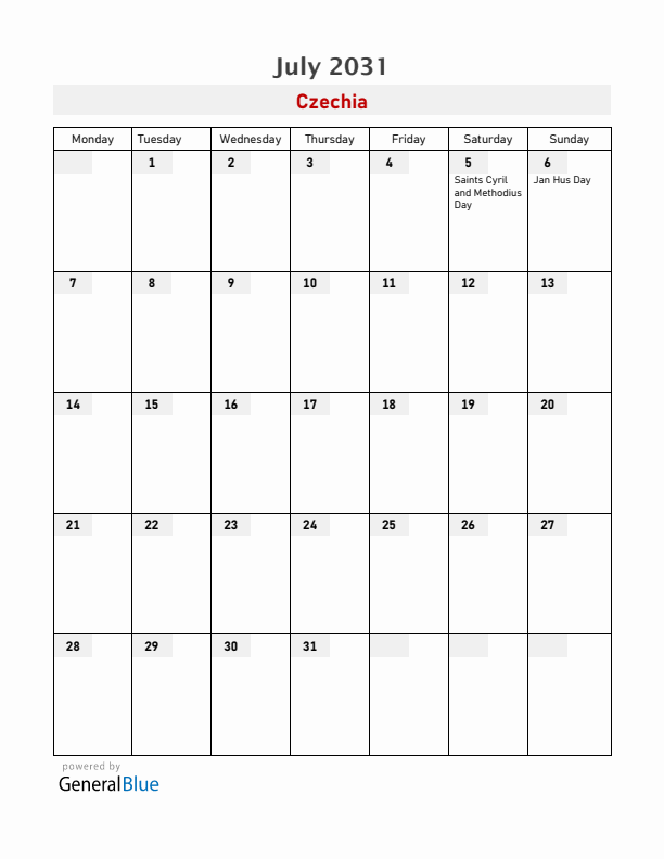 Czechia July 2031 Calendar with Holidays