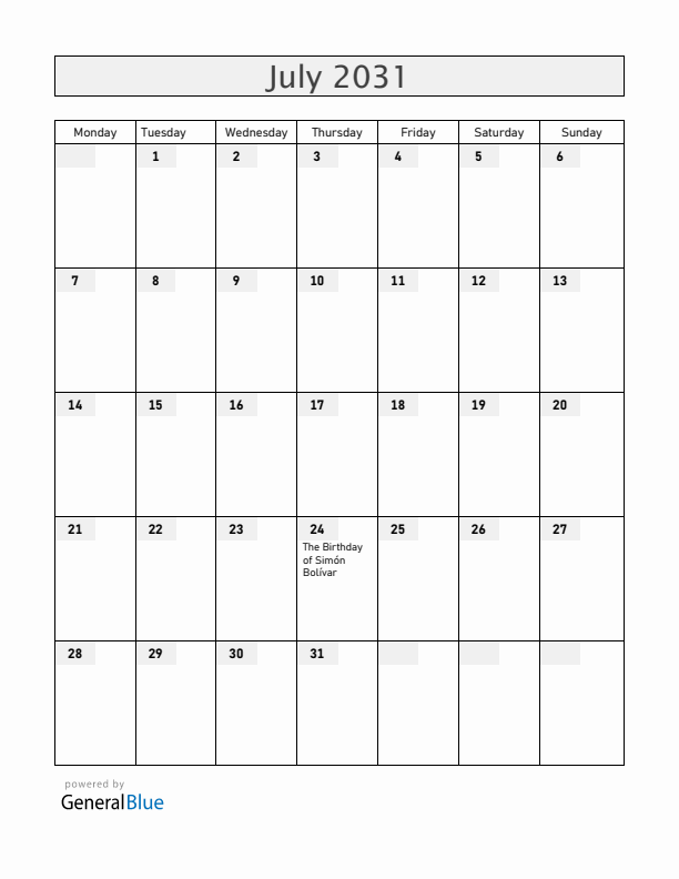 Ecuador July 2031 Calendar with Holidays