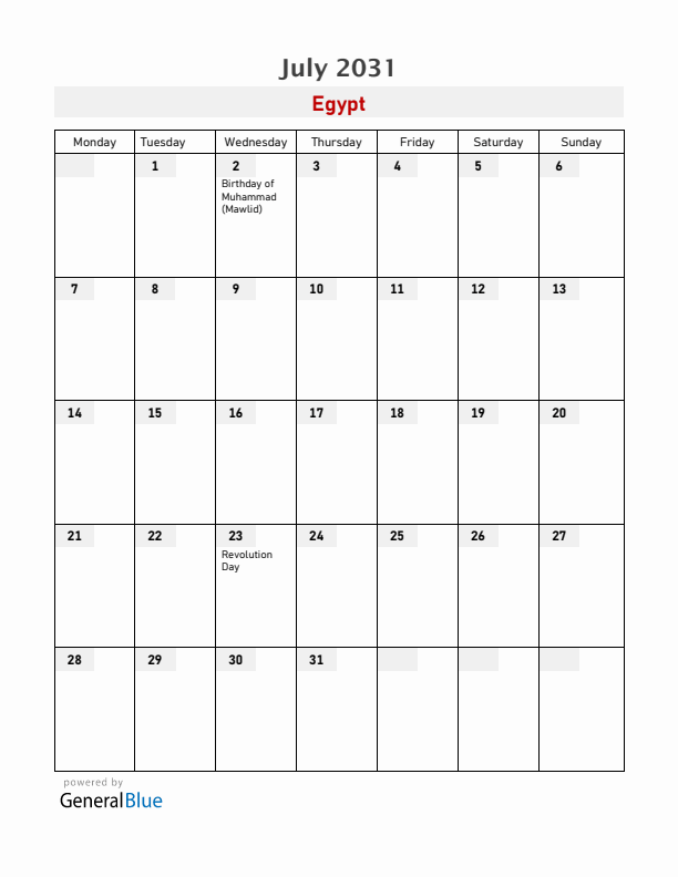 Egypt July 2031 Calendar with Holidays