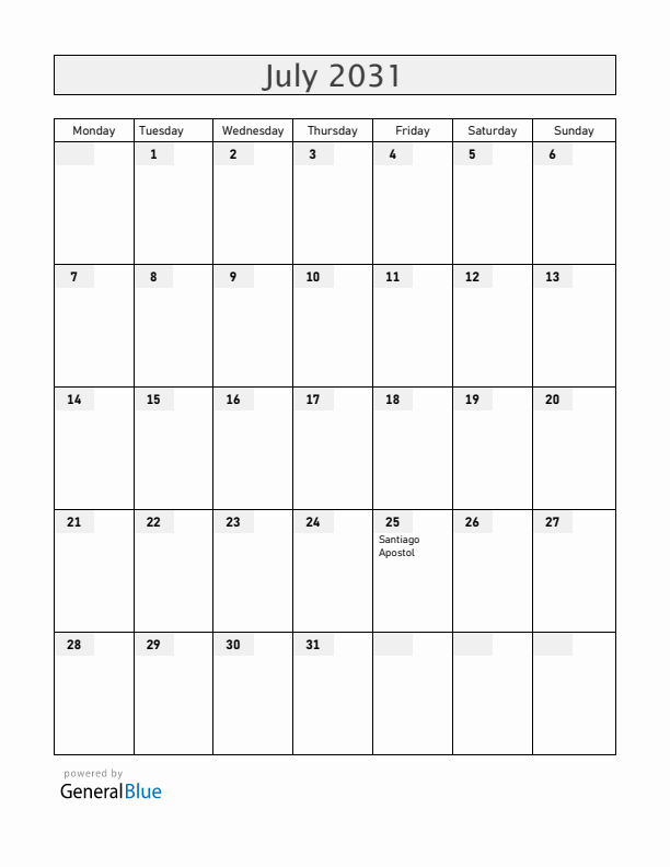 Spain July 2031 Calendar with Holidays