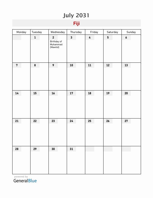 Fiji July 2031 Calendar with Holidays