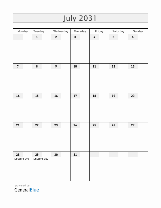 Faroe Islands July 2031 Calendar with Holidays