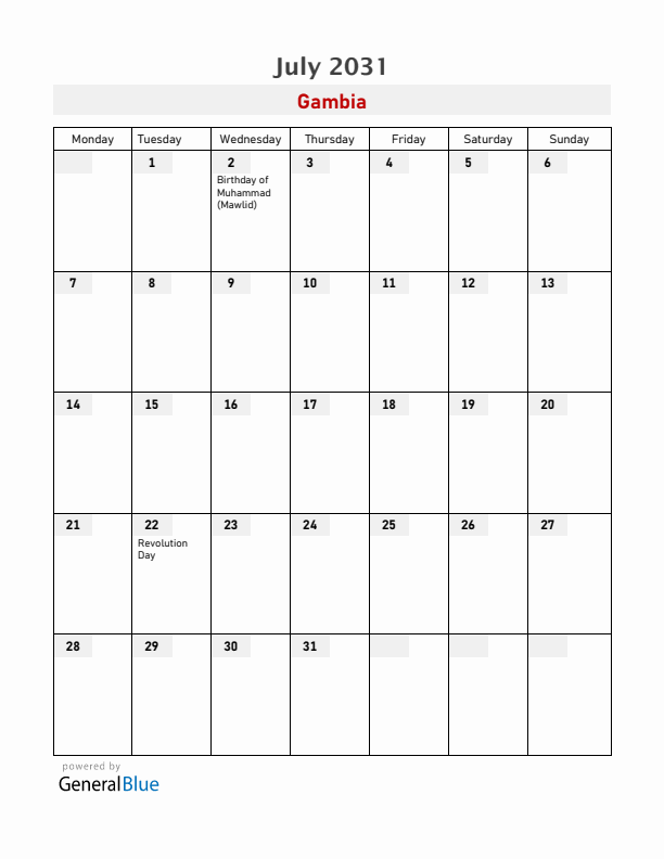 Gambia July 2031 Calendar with Holidays