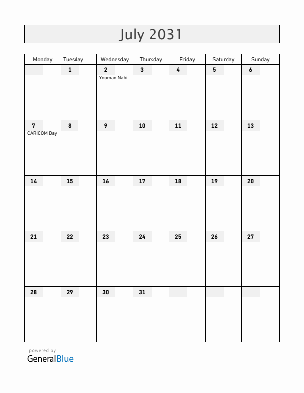 Guyana July 2031 Calendar with Holidays