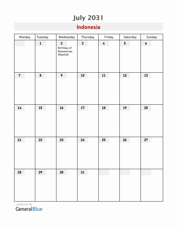Indonesia July 2031 Calendar with Holidays