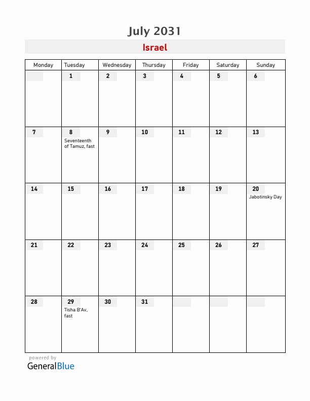 Israel July 2031 Calendar with Holidays