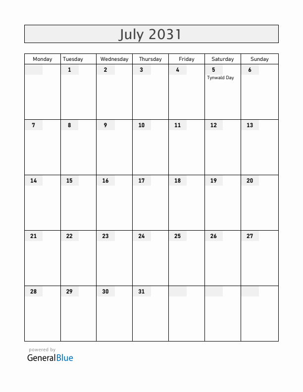 Isle of Man July 2031 Calendar with Holidays