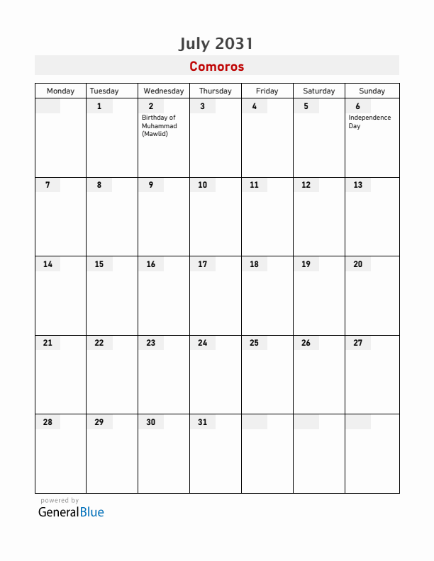 Comoros July 2031 Calendar with Holidays