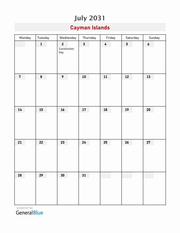 Cayman Islands July 2031 Calendar with Holidays