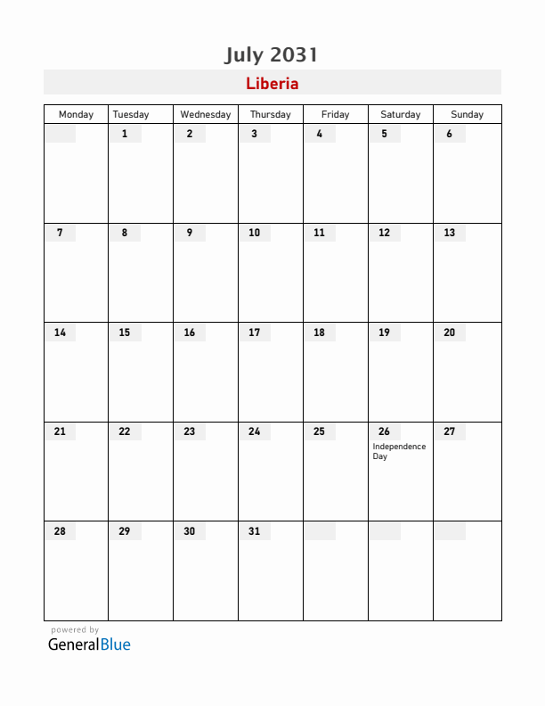 Liberia July 2031 Calendar with Holidays