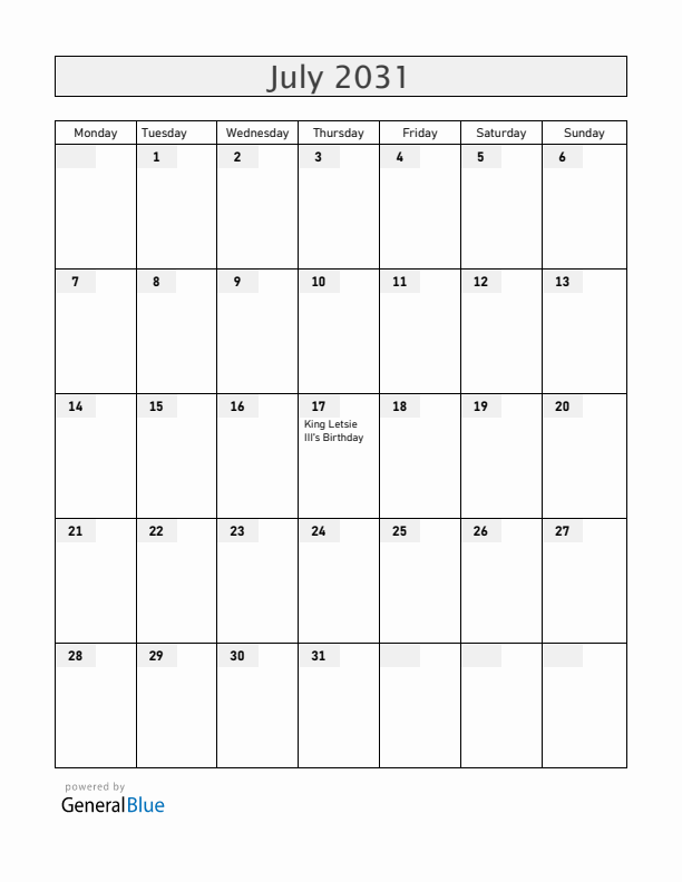 Lesotho July 2031 Calendar with Holidays