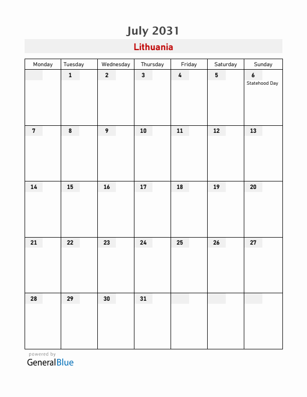 Lithuania July 2031 Calendar with Holidays