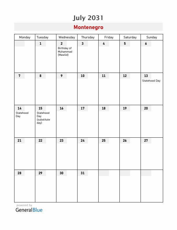 Montenegro July 2031 Calendar with Holidays
