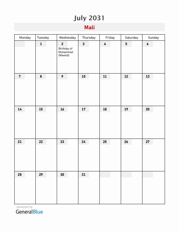 Mali July 2031 Calendar with Holidays