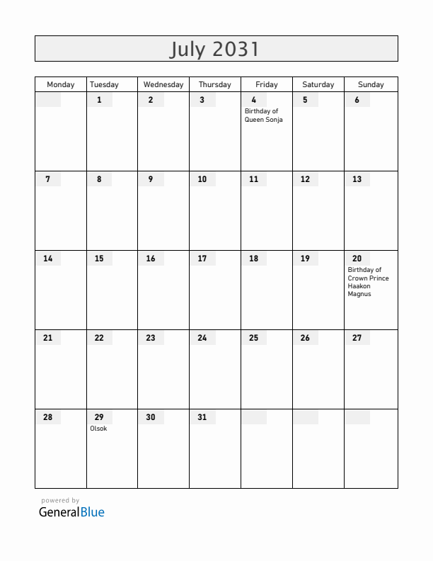 Norway July 2031 Calendar with Holidays