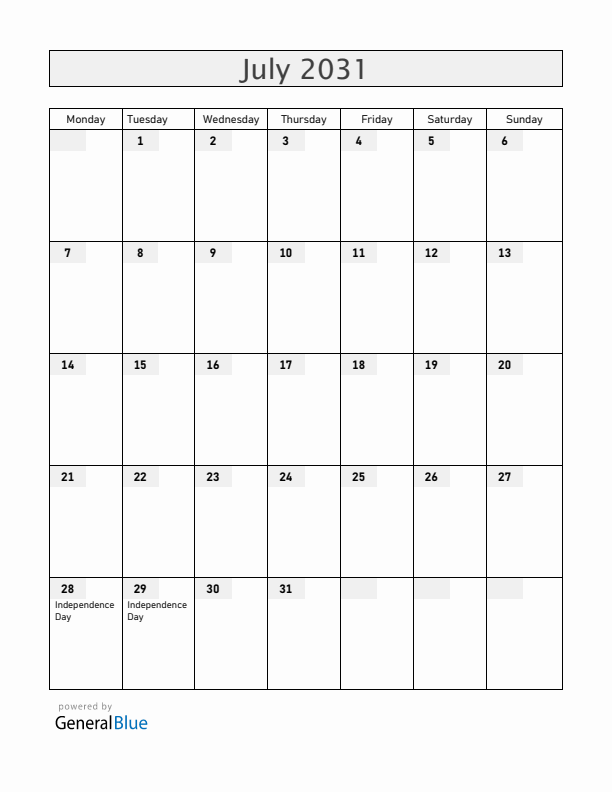 Peru July 2031 Calendar with Holidays