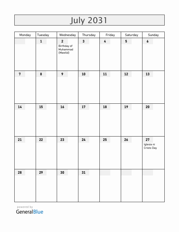 Philippines July 2031 Calendar with Holidays