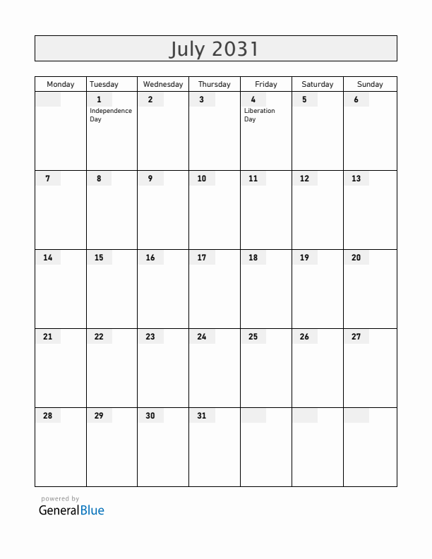 Rwanda July 2031 Calendar with Holidays