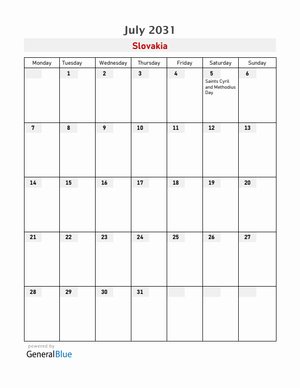 Slovakia July 2031 Calendar with Holidays