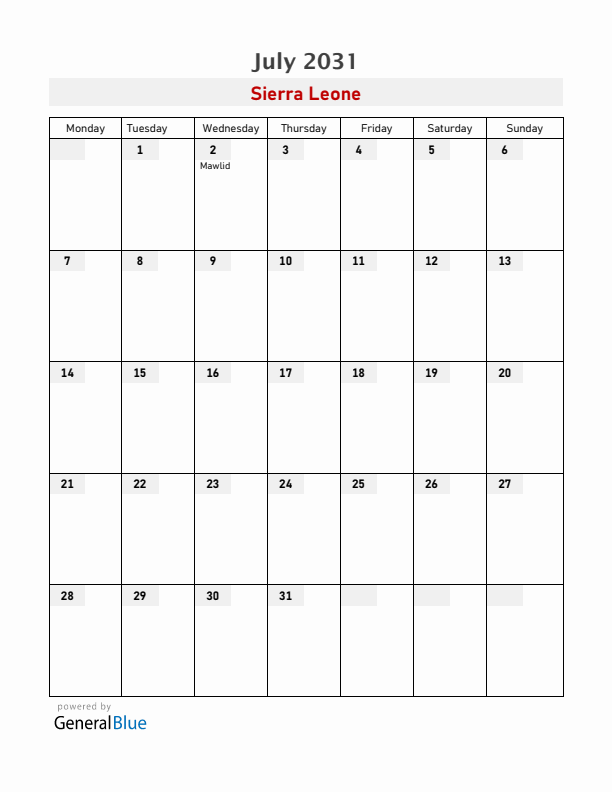 Sierra Leone July 2031 Calendar with Holidays