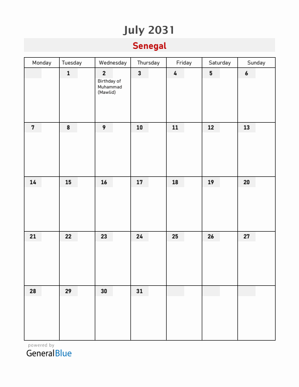 Senegal July 2031 Calendar with Holidays