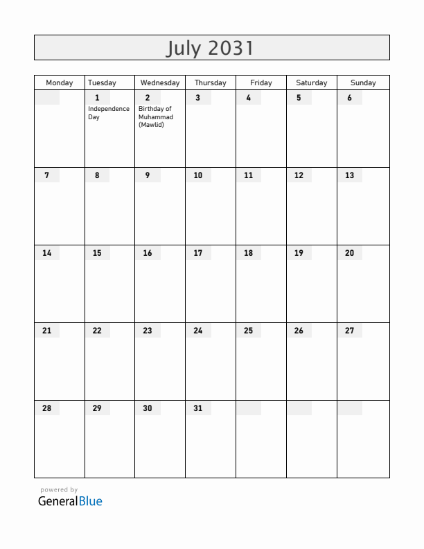 Somalia July 2031 Calendar with Holidays