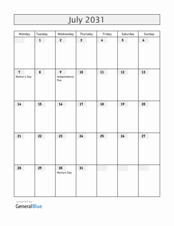 South Sudan July 2031 Calendar with Holidays