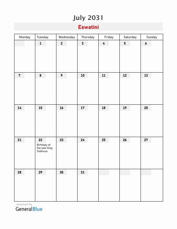Eswatini July 2031 Calendar with Holidays