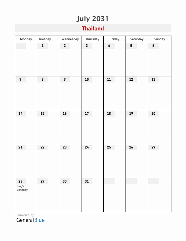 Thailand July 2031 Calendar with Holidays