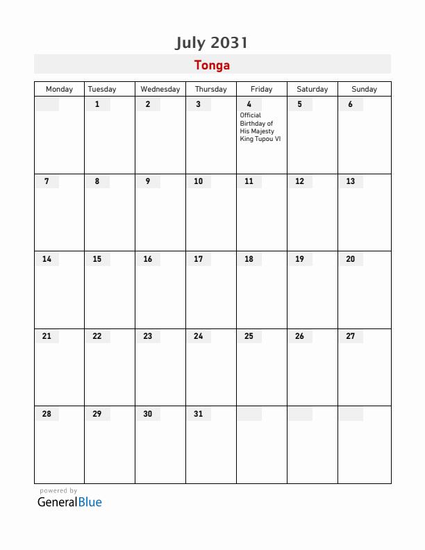 Tonga July 2031 Calendar with Holidays
