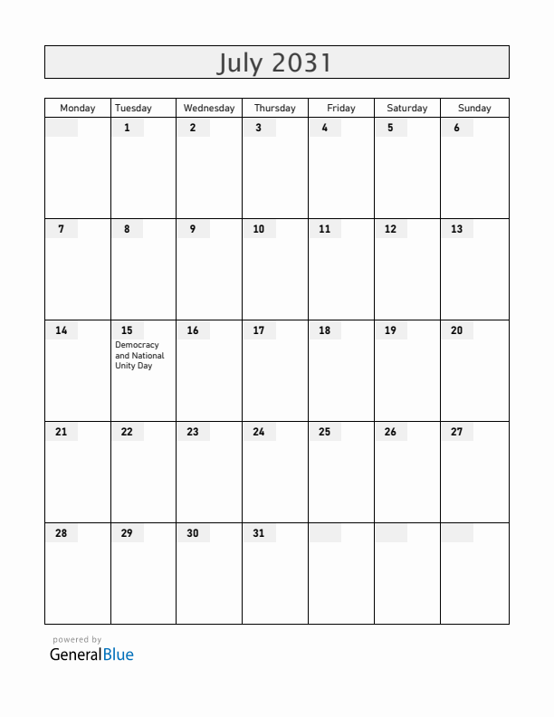 Turkey July 2031 Calendar with Holidays