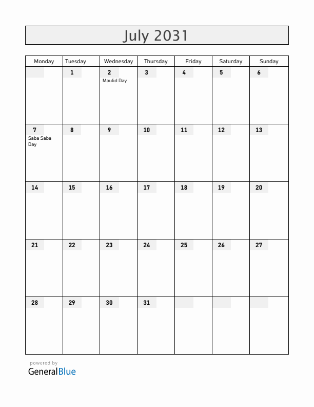 Tanzania July 2031 Calendar with Holidays