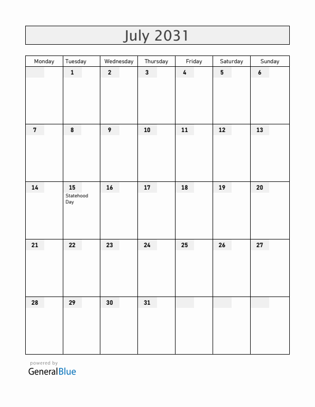 Ukraine July 2031 Calendar with Holidays